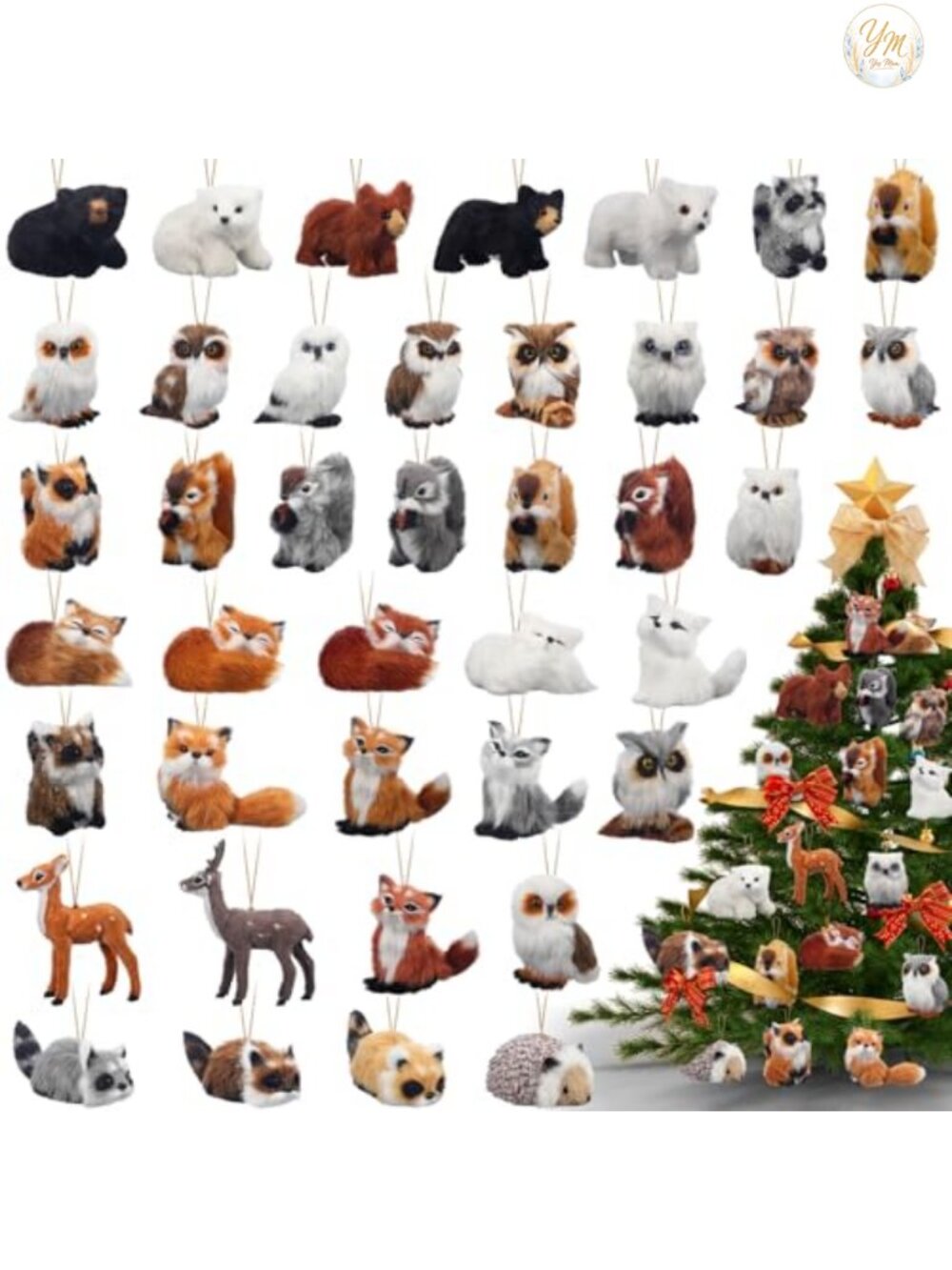 Plush Animal Christmas Ornaments Set of 40 Felt Woodland Hanging Decor